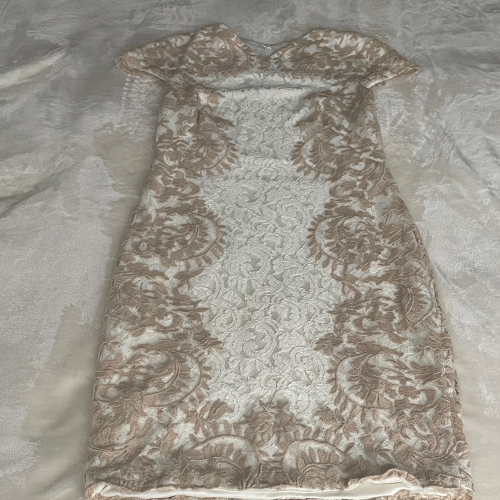 Tadashi Shoji Cream and Tan Lace Mini Dress